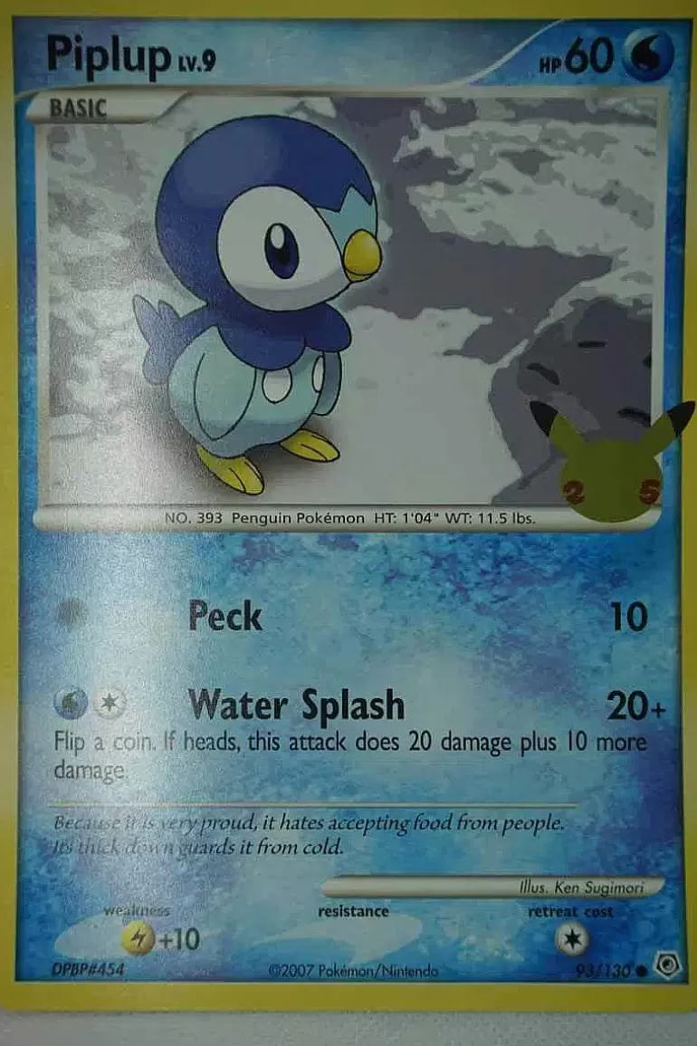 Pocket Monster Pokémon Kort-Piplup 93/130 25 Ars Jubilaeum Stor
